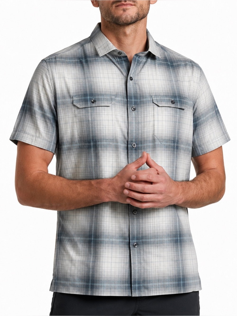 PrAna Bruner Shirt Button Down Short Sleeve Cotton Gray Plaid Collared Large